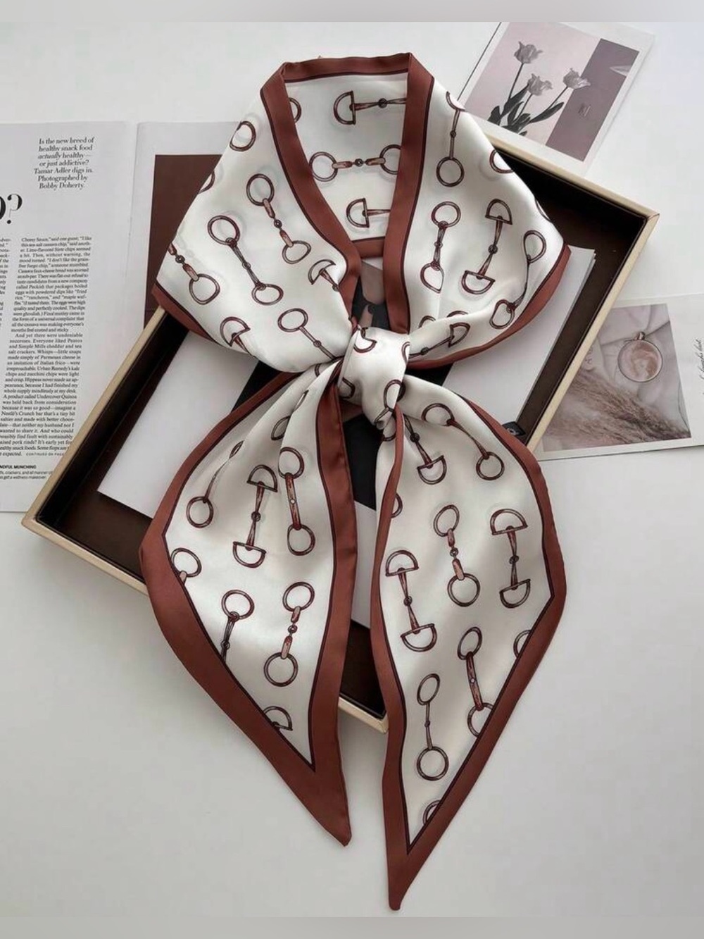 Western Scarf Elegant Cream and Brown Silk-Feel Women's Scarf